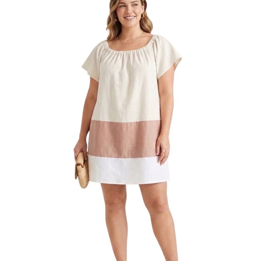 Loveriche Linen Blend Colorblock Puff Sleeve Mini Dress Cream Tan Large LD41520